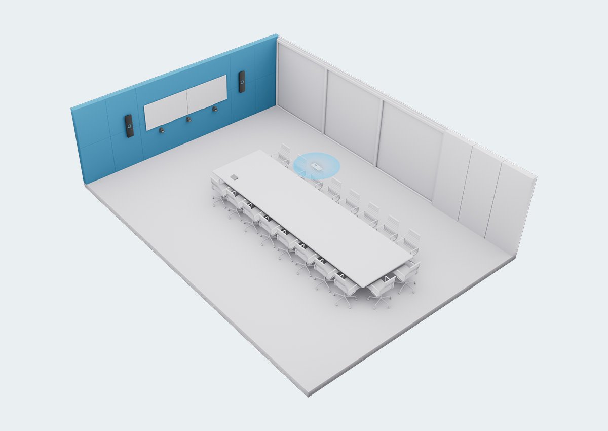Large meeting room skeletal layout with Nureva HDX system in 2-bar, 1-pod setup for full-room microphone coverage.