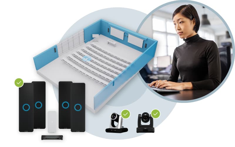 Lecture hall audio solution featuring Nureva HDX system with four audio bars and one pod, shown alongside compatible cameras and a 3D room layout for advanced sound coverage and video conferencing.