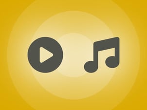 Yellow graphic with play and music icons showing Nureva HDX audio system optimized for media when mics are inactive.