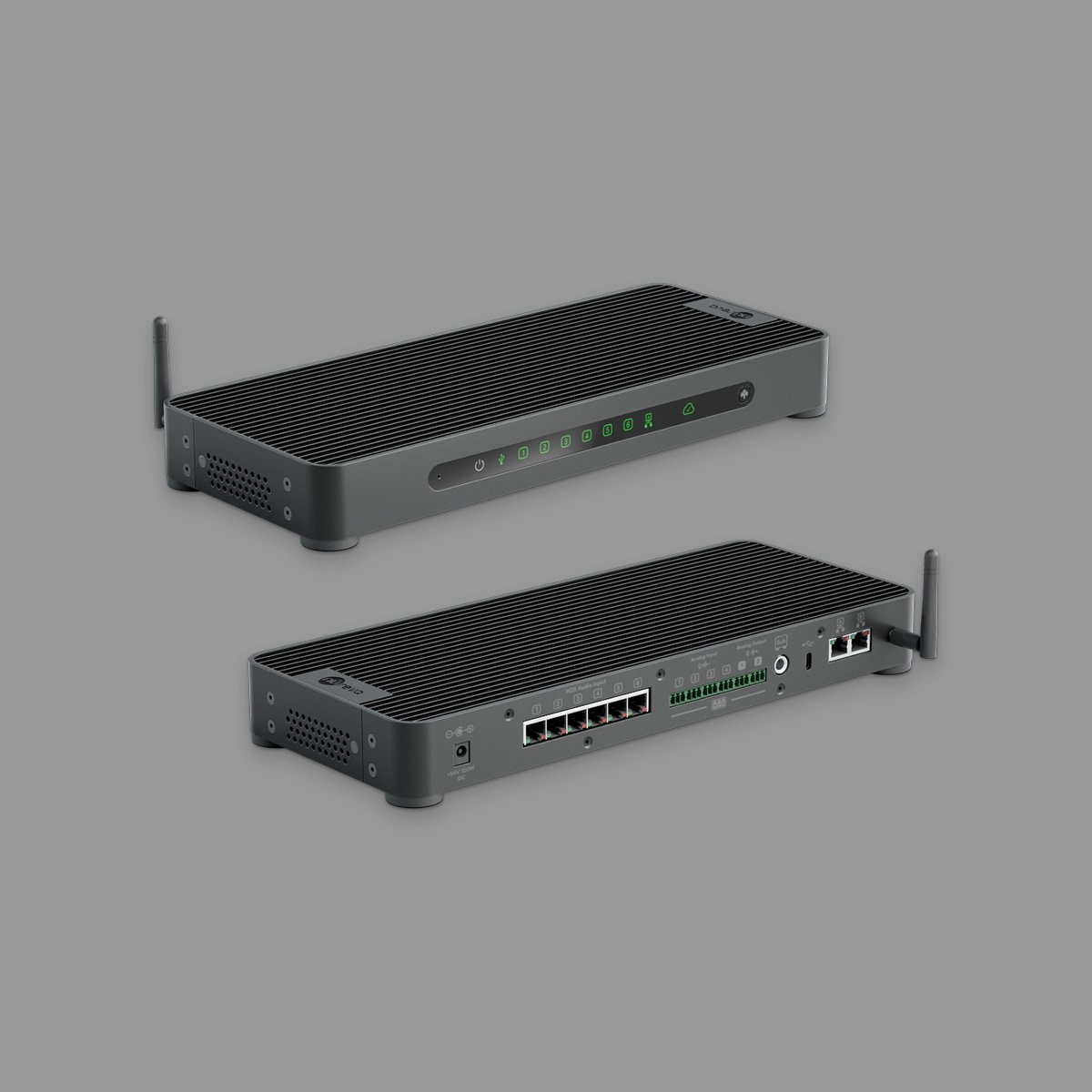 Nureva HDX system hub shown from the front and back