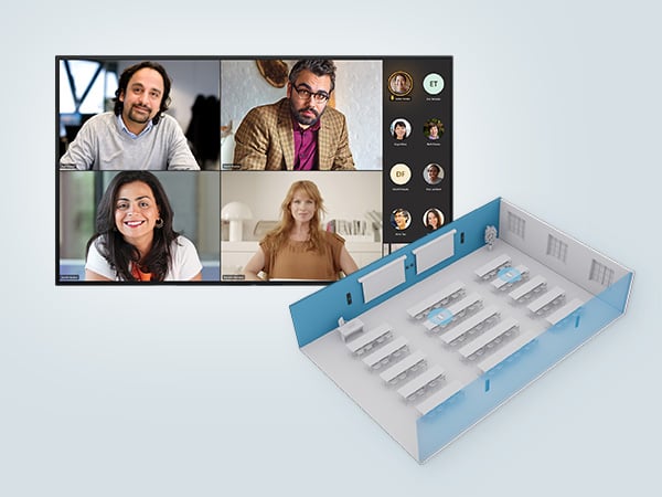 Hybrid meeting with video call on screen and 3D layout of a conference room, highlighting Nureva HDX mic coverage