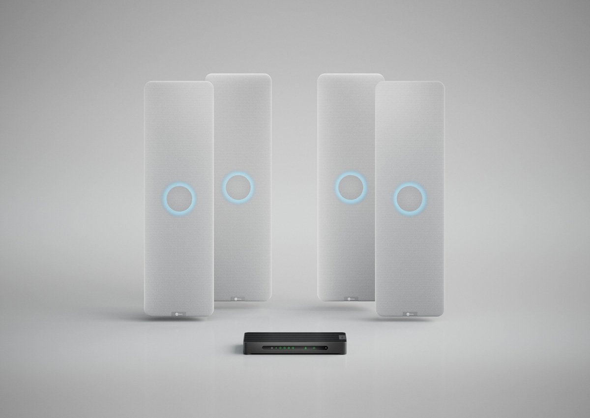 Nureva HDX system with four white audio bars and a system hub for large meeting spaces.