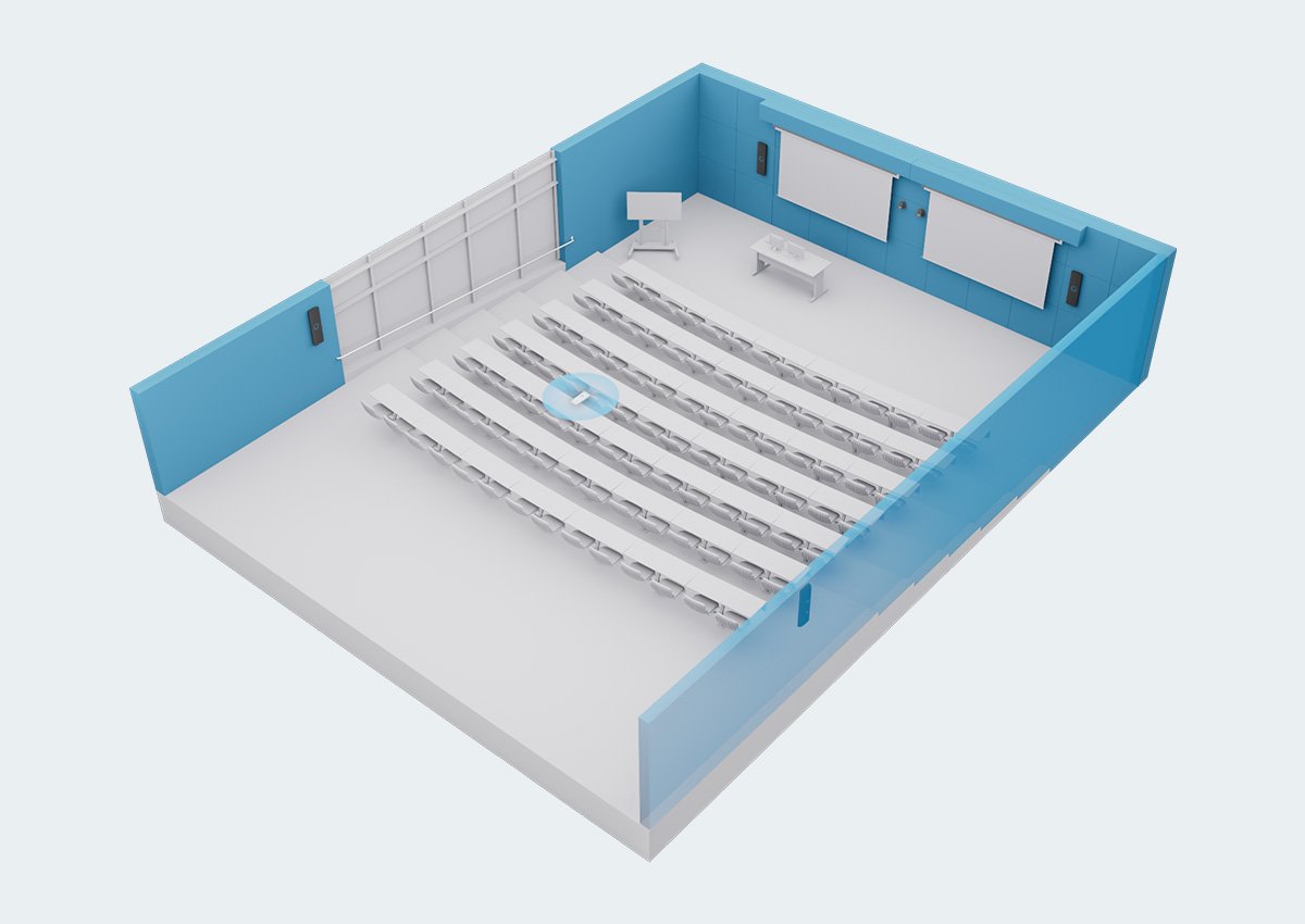 Lecture hall skeletal layout with Nureva HDX system in 4-bar, 1-pod, dual displays, podium, and tiered seating for immersive sound coverage and advanced audio conferencing.