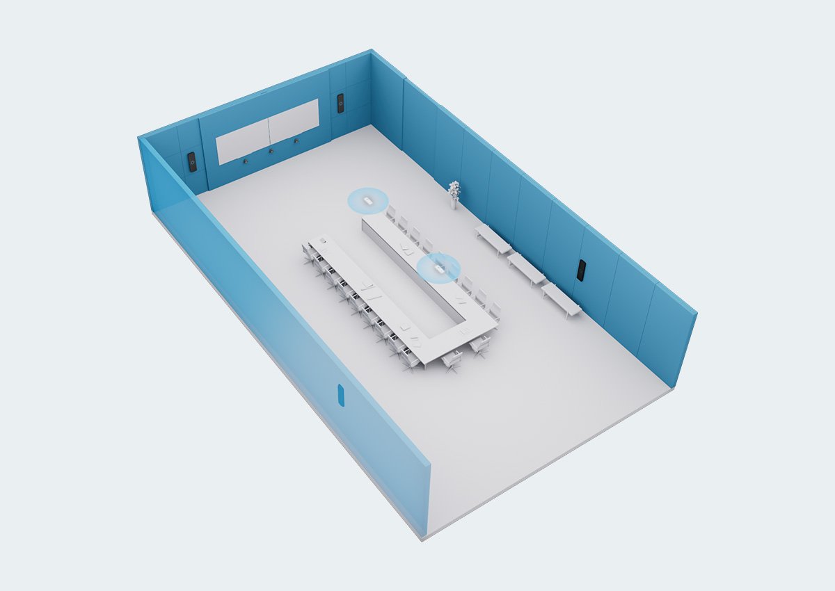 Executive meeting room skeletal layout with Nureva HDX system in 4-bar, 2-pod setup around a U-shaped table.
