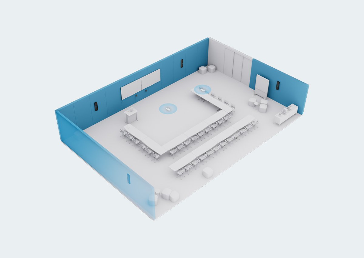 Training room skeletal layout with Nureva HDX system in 4-bar and 2-pod setup for U-shaped seating.