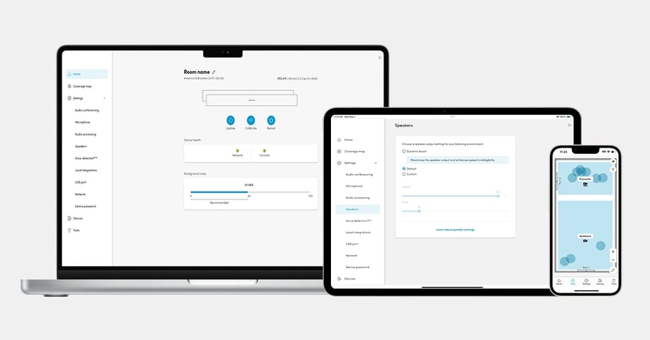 Nureva App interface displayed on laptop, tablet, and smartphone showing room settings, coverage map, devices and audio configuration for managing Nureva audio systems.
