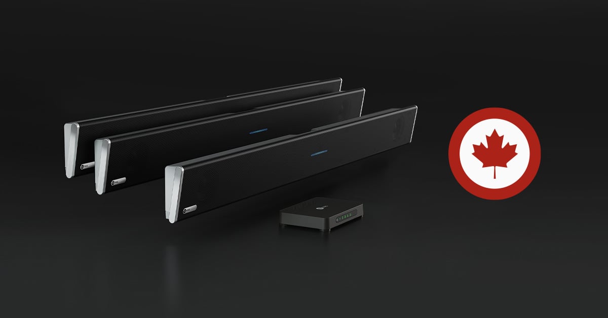 Nureva HDL310 audio conferencing system with three microphone bars and a connect module, proudly marked as a Canadian company.
