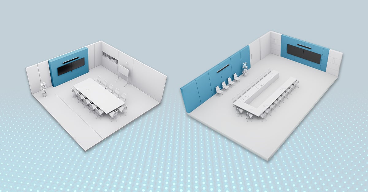 Two 3D-rendered meeting room layouts showing Nureva HDL310 audio conferencing systems mounted above displays for optimal microphone coverage in large to extra-large spaces.