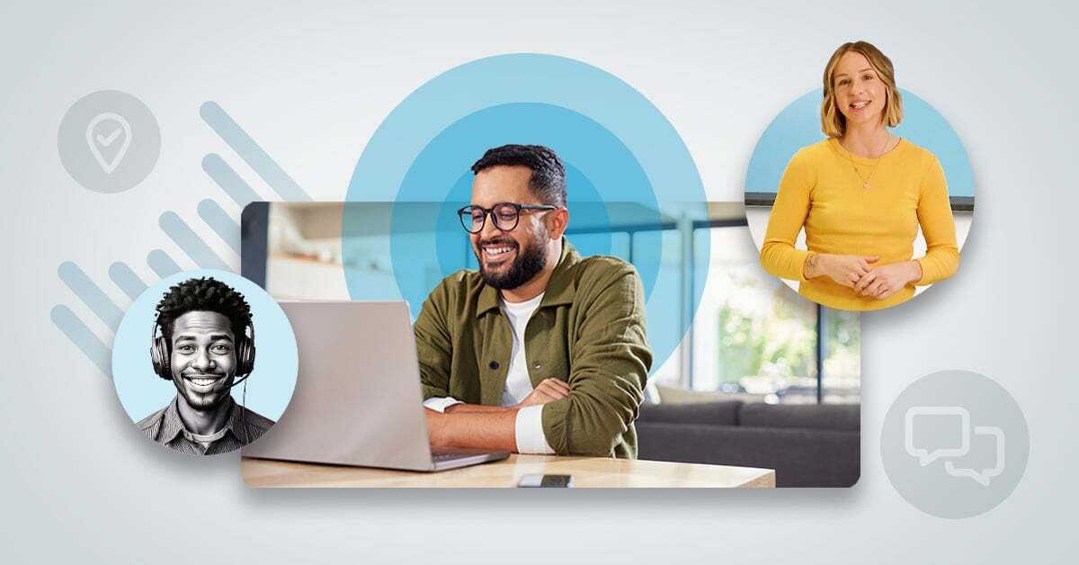 A collage-style image focused on an IT professional at a laptop. He is surrounded by an icon showing location, an icon showing conversation, an illustration of a support specialist and a photo of a person giving a demo.