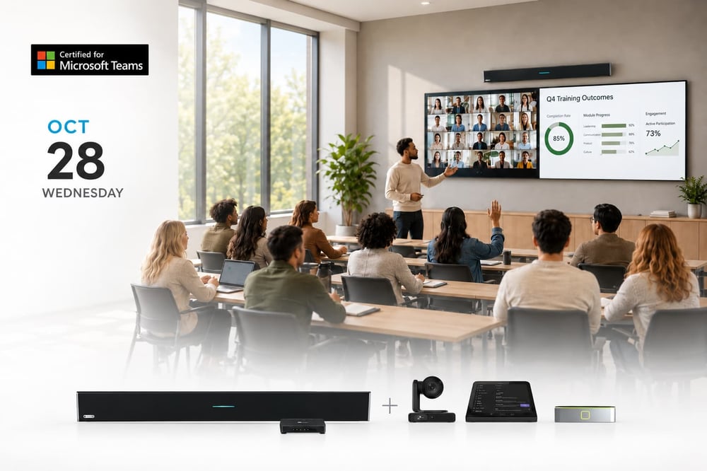 Certified for Microsoft Teams rooms, Wednesday, October 28: a presenter leads a hybrid class with remote participants on screen, using Nureva HDL310 audio conferencing system, and AudioCodes product bundle.