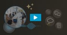 Watch the AI in large collaborative spaces webinar replay: a team meets at a long boardroom table, with a sound wave and icons for tasks, chat and documents.