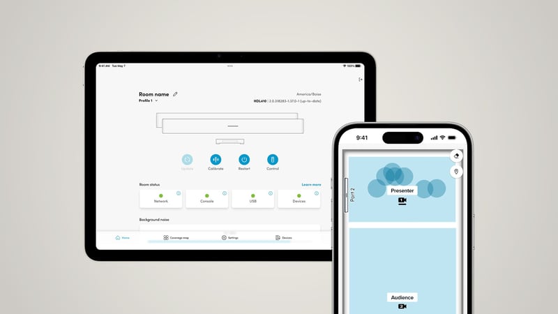 Nureva app on a tablet and phone showing room status and a microphone coverage map.