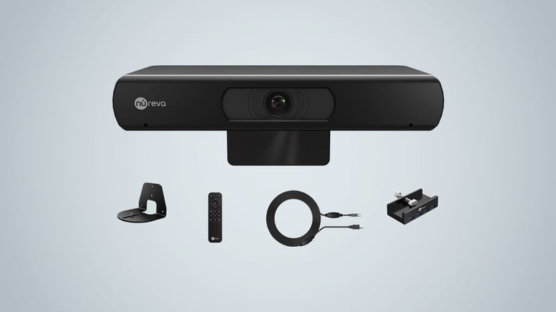 Nureva CV30 camera bar with mount, remote, cable, and USB hub.