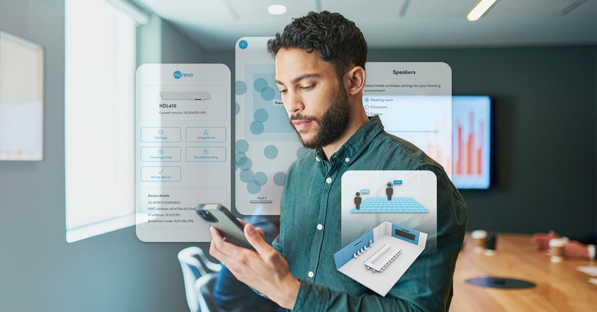 Man checking his phone with floating Nureva app screens for device settings and room coverage.