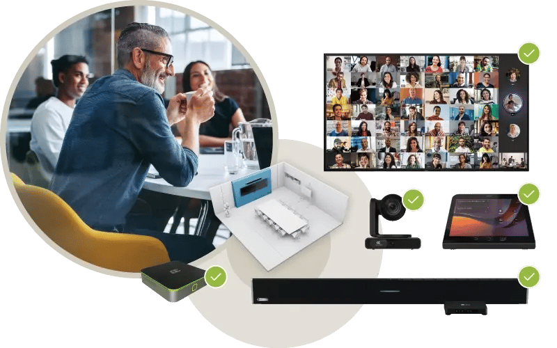 AudioCodes room kit for audio conferencing with cameras, tablet controller and display for hybrid meetings