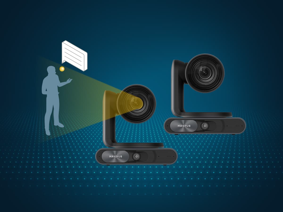 Diagram showing automatic switching between multiple cameras based on active speaker in a hybrid meeting room