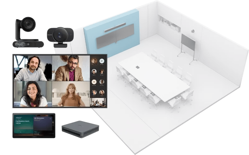 Video conferencing hardware kit with cameras, control panel, and room layout for hybrid meetings