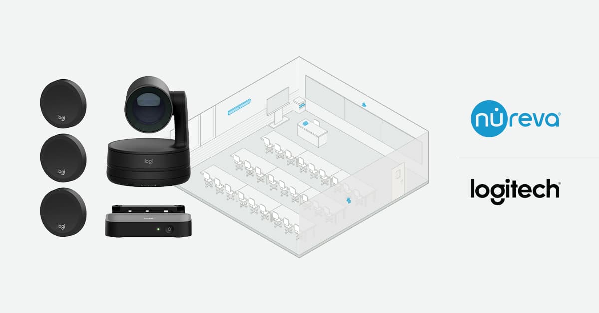 Logitech and Nureva classroom Streamline Kit showing Logitech cameras and audio equipment alongside a classroom room design diagram.