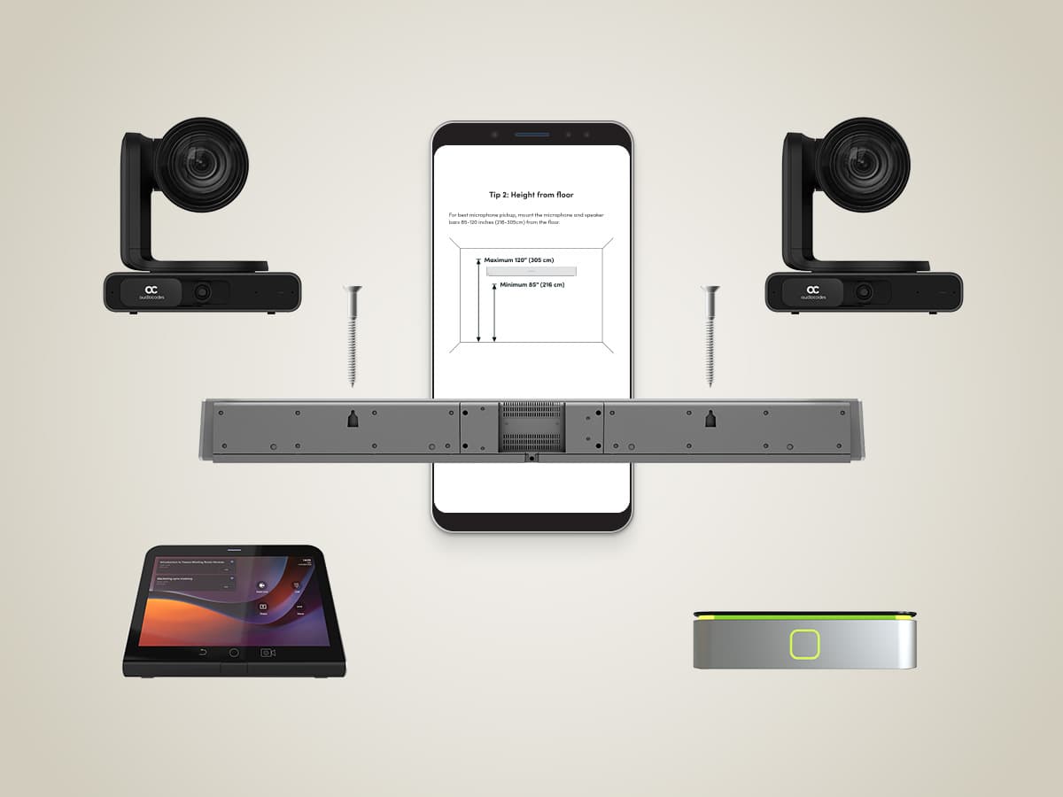 Easy-to-install conference room system, cameras and controller for audio video collaboration