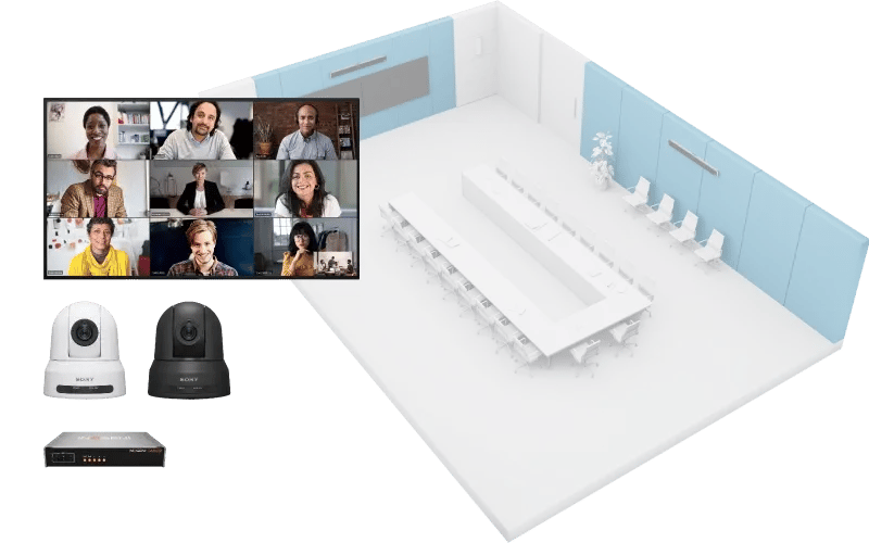 Sony conferencing hardware displayed alongside meeting room layout configuration