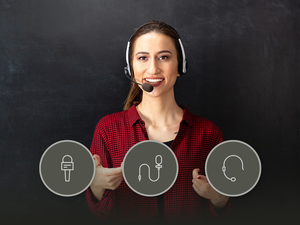 Presenter wearing a headset microphone beside handheld, lavalier and headset icons, illustrating Adaptive Voice Amplification in the Nureva HDL series.