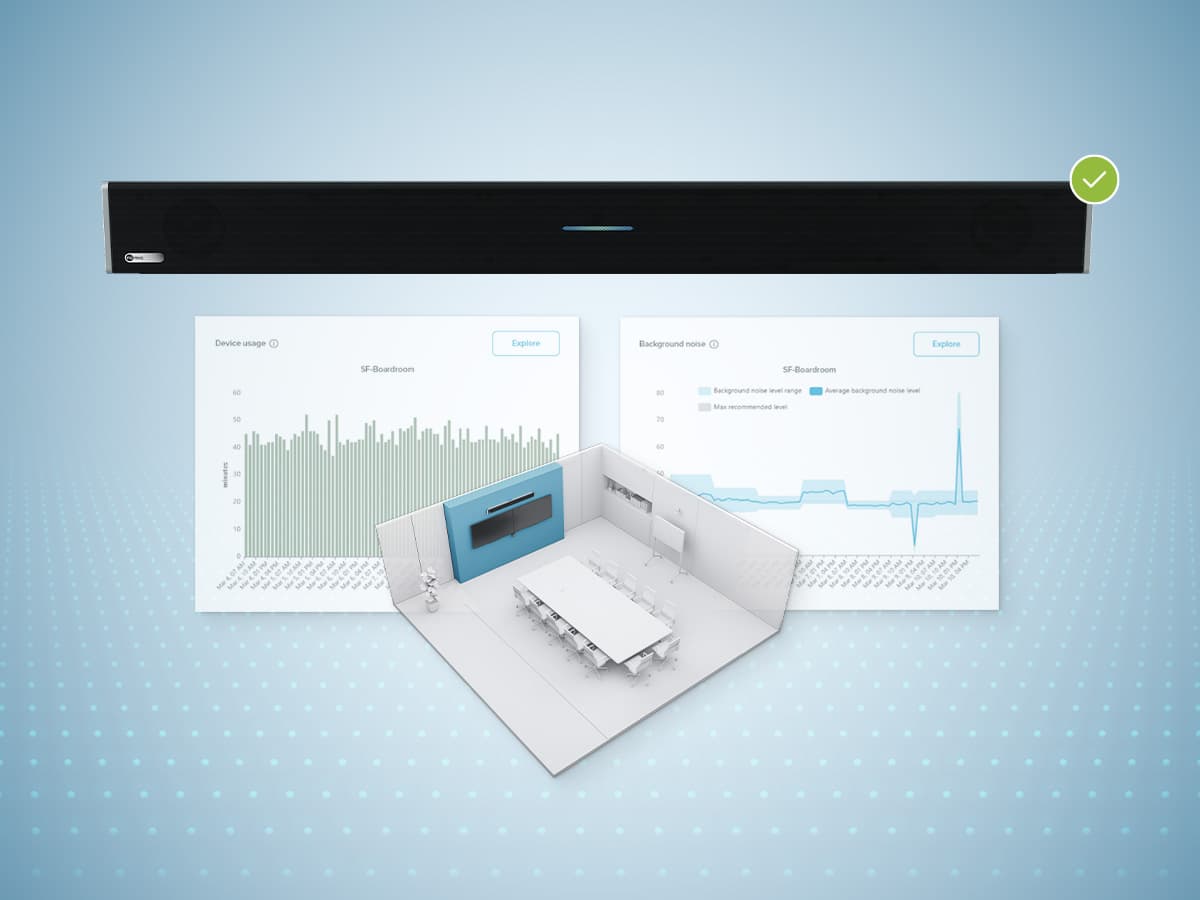 Nureva HDL series microphone and speaker bar above a meeting room illustration and Nureva Console device usage and background noise charts, illustrating what's included with a Nureva system.