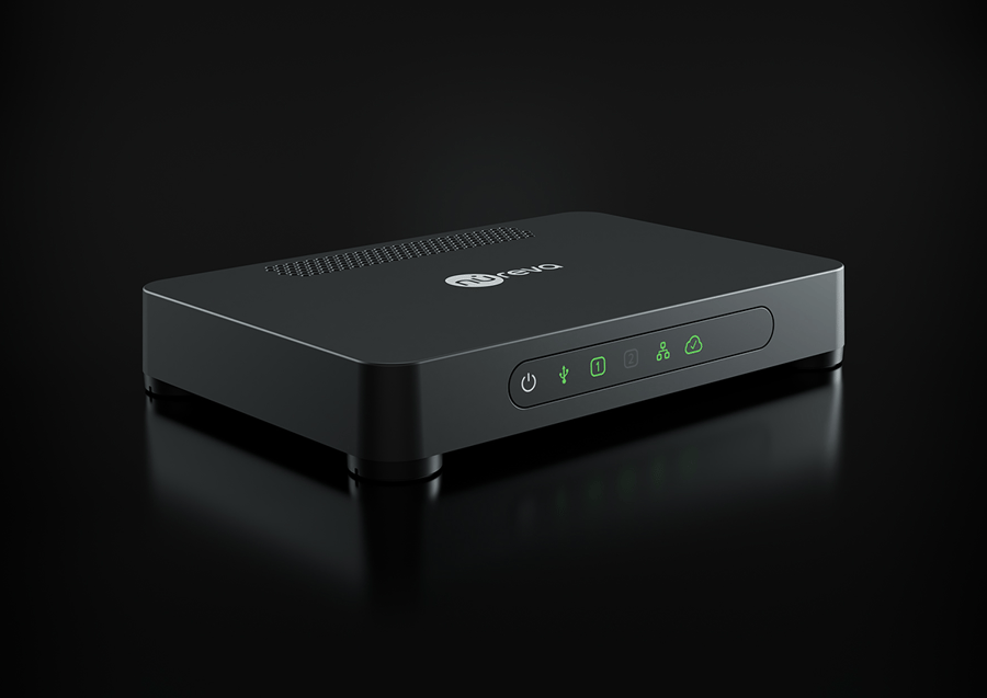 Close-up of Nureva HDL connect module (CM2) showing sleek black design with LED indicators, used to manage audio system connectivity and deliver reliable performance for meeting rooms and hybrid collaboration environments.