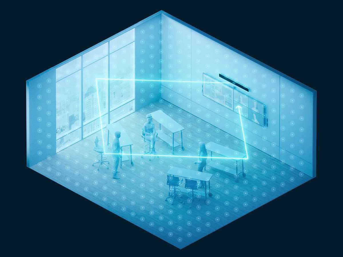 Nureva HDL series meeting room illustration with virtual microphones and arrows representing continuous autocalibration as room layouts change.