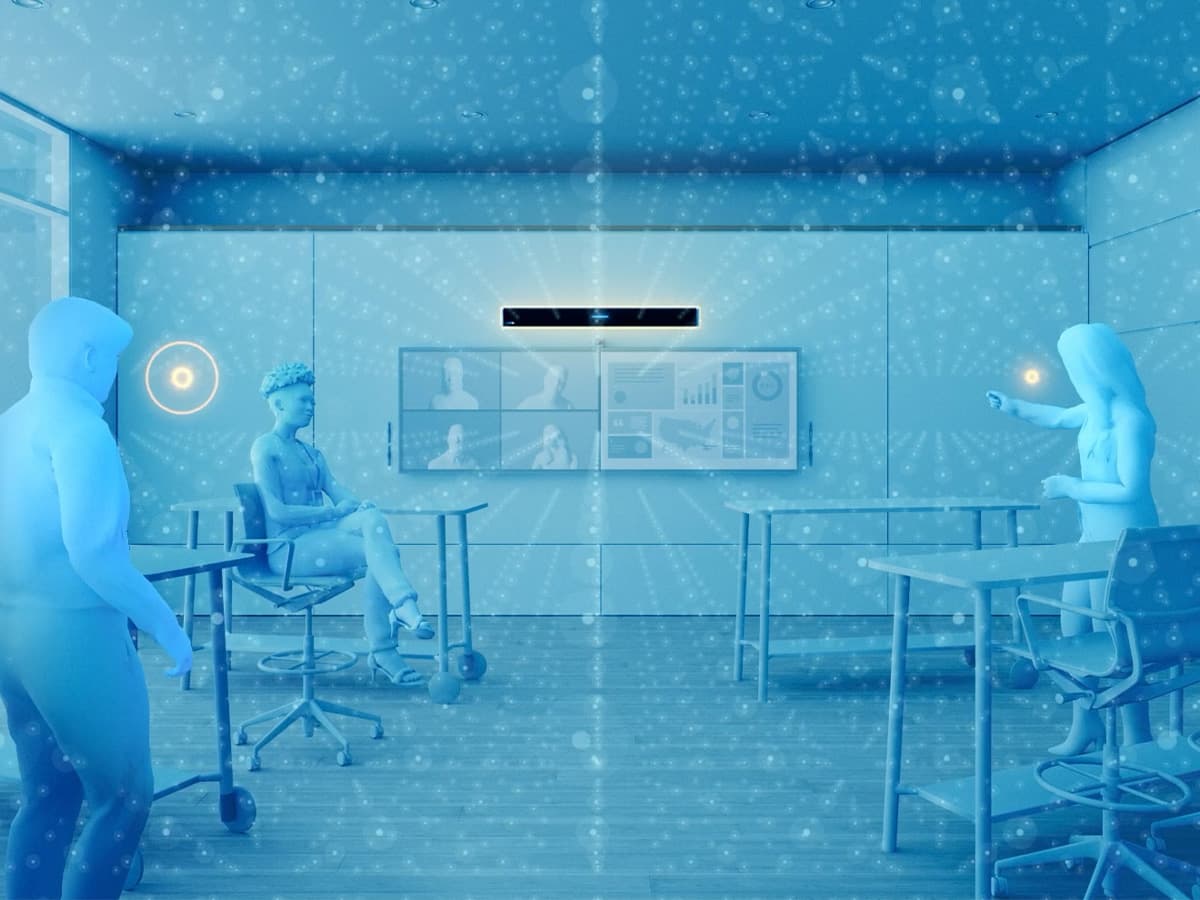 Nureva HDL series microphone and speaker bar in a meeting room filled with virtual microphones, illustrating full-room microphone coverage and Microphone Mist technology.