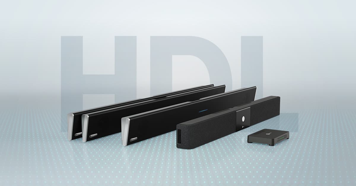 Nureva HDL series with HDL410, HDL310 and HDL200 audio bars and a connect module overlayed on the letters 