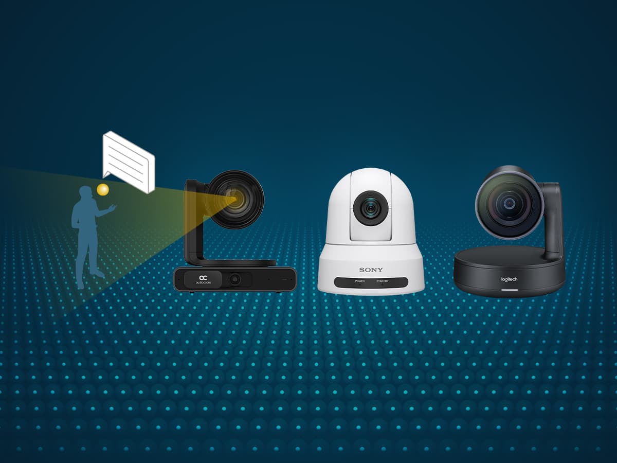 Three conferencing cameras beside a highlighted presenter, illustrating Nureva HDL series sound location data for camera tracking and switching.