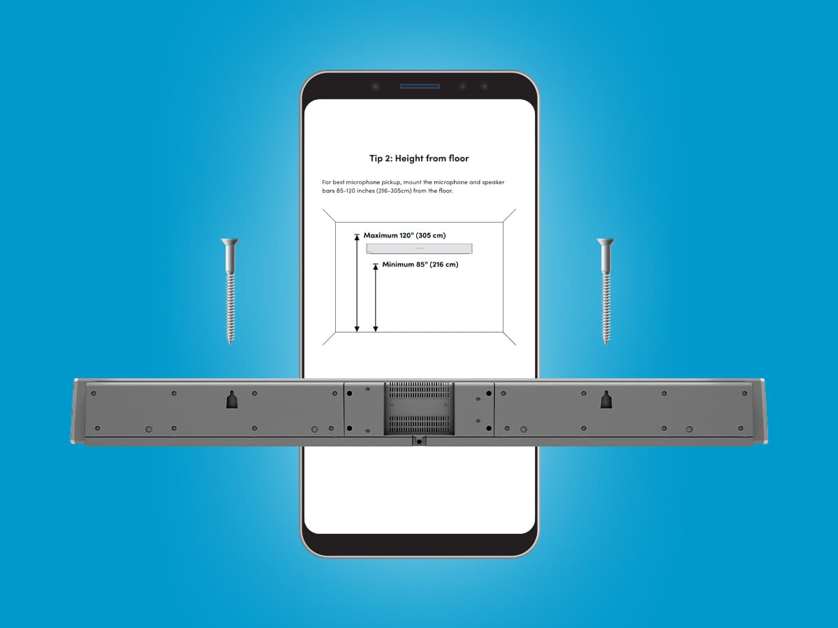 Rear view of a Nureva HDL series microphone and speaker bar with two mounting screws and Nureva App mounting-height guidance on a phone.