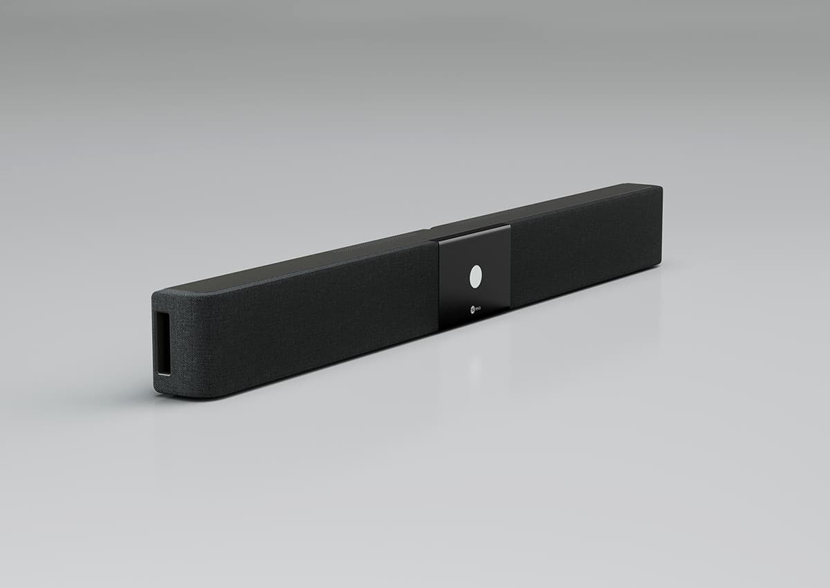 Angled view of Nureva HDL200 dark microphone and speaker bar designed for medium meeting rooms and huddle spaces.