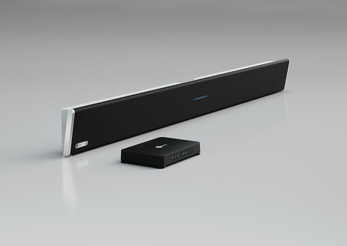 Angled view of Nureva HDL310 black microphone and speaker bar with connect module, designed for large spaces.