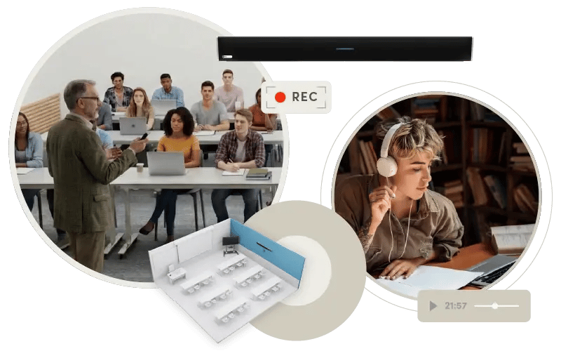 Classroom using Nureva audio system technology to capture lectures for remote learners, featuring an HDL310 microphone and speaker bar, lecture recording, room layout visualization and a student listening online through a learning platform. Classroom using Nureva audio system technology to capture lectures for remote learners, featuring an HDL310 microphone and speaker bar, lecture recording, room layout visualization and a student listening online through a learning platform.