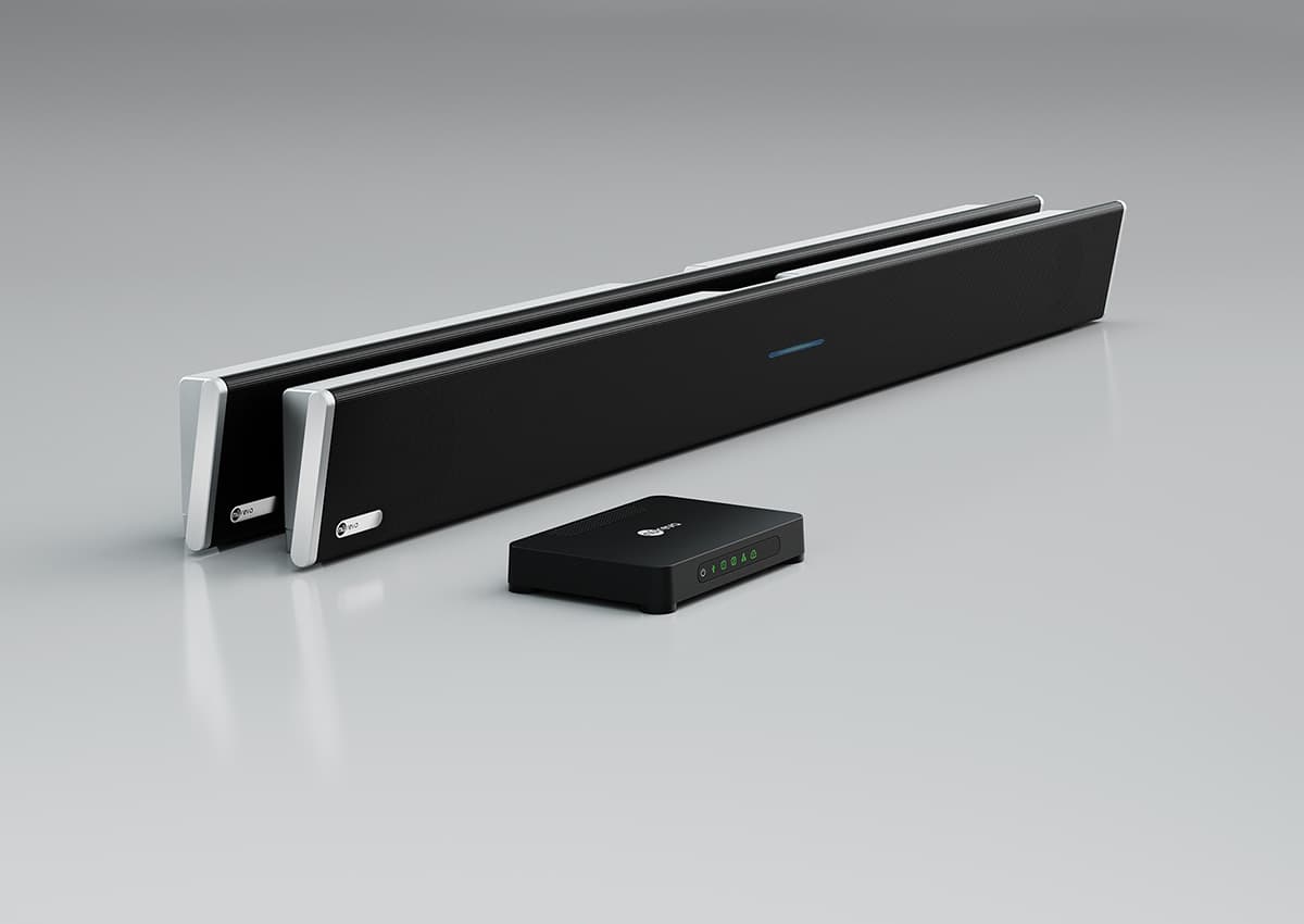 Angled view of Nureva HDL410 black microphone and speaker bars with connect module, designed for large and extra-large meeting rooms and classrooms.