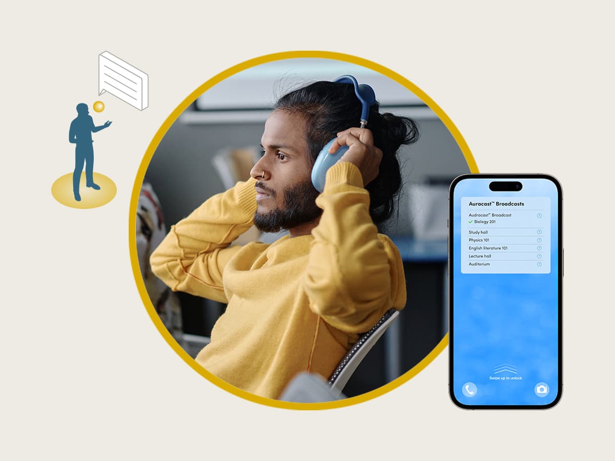 Participant wearing headphones beside a phone listing Auracast broadcasts, illustrating built-in assistive listening support in the Nureva HDX series.