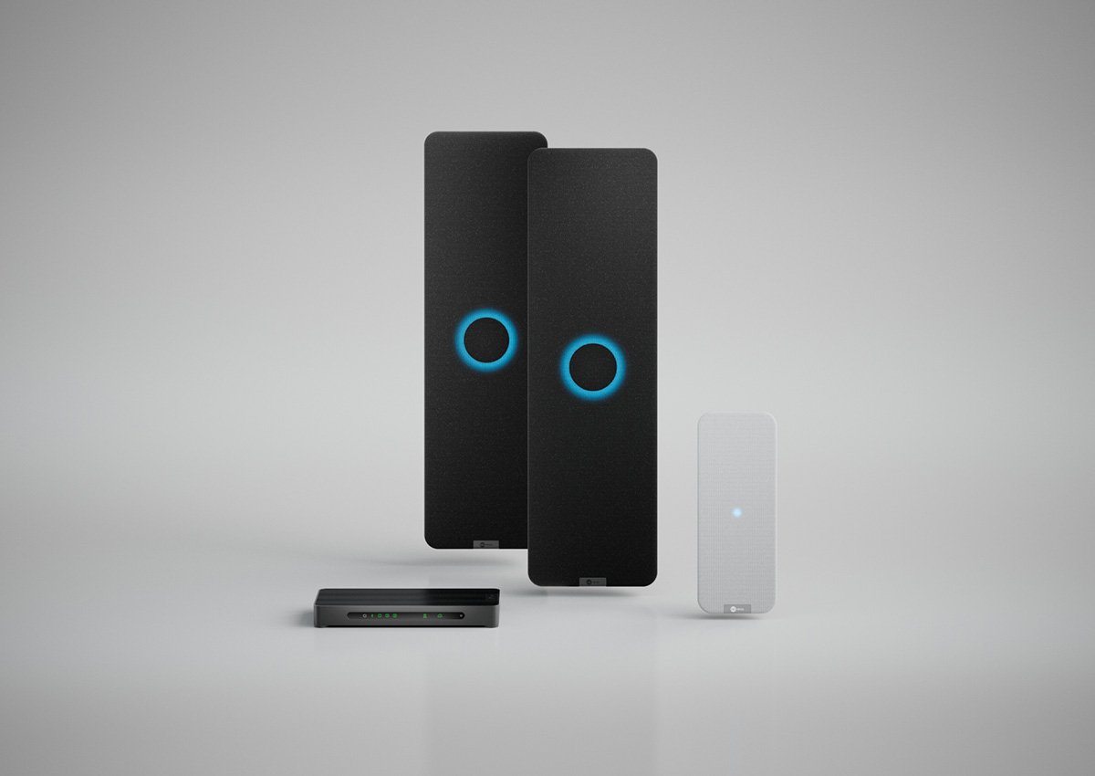 Nureva HDX system with two black audio bars, white microphone pod and a system hub for large meeting spaces.