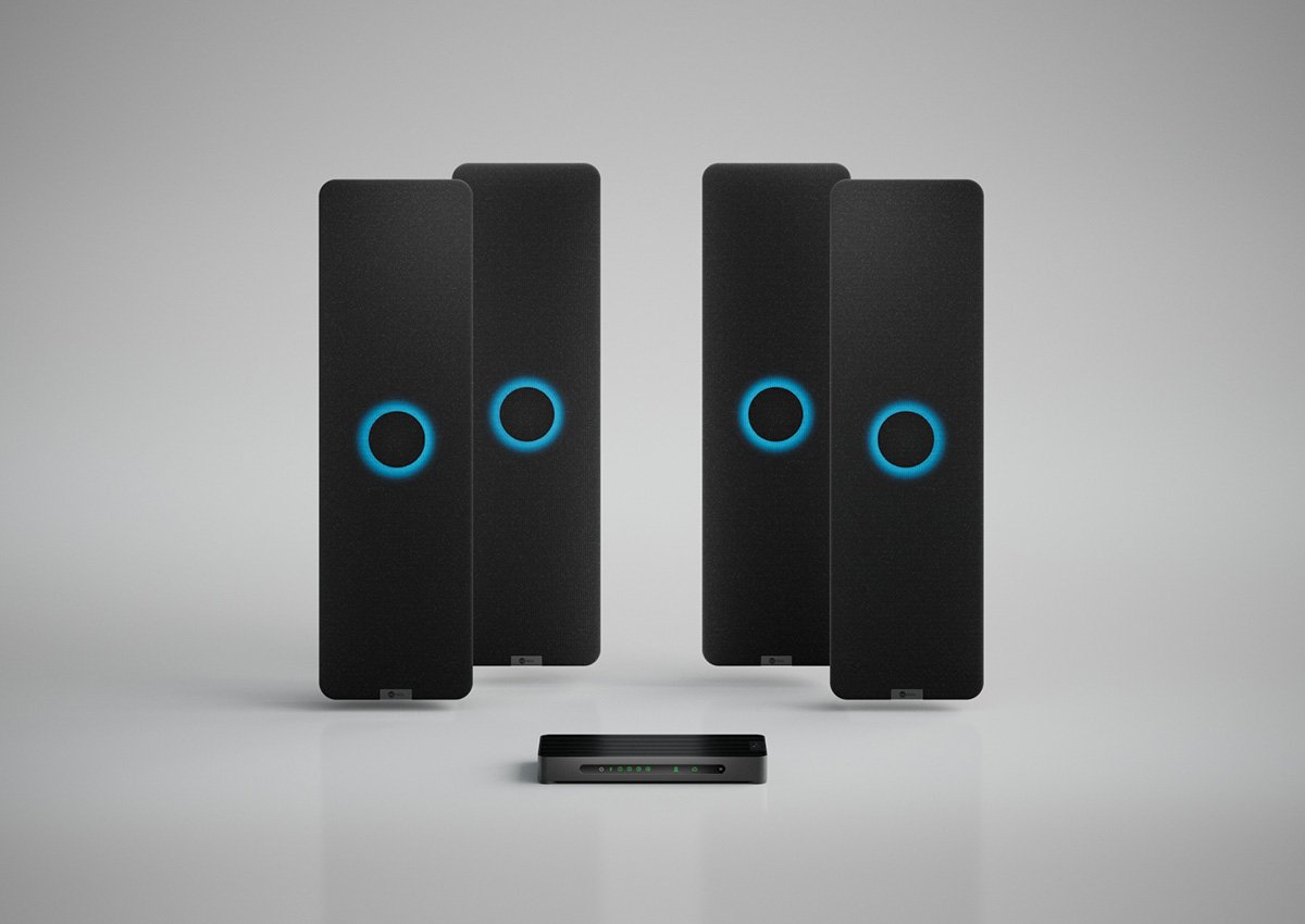 Nureva HDX system with four black audio bars and a system hub for large meeting spaces.