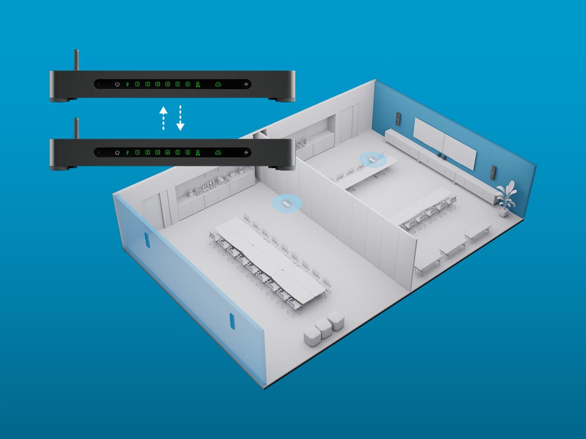 Two Nureva HDX system hubs with connection arrows above a divisible meeting room equipped with audio bars and microphone pods.