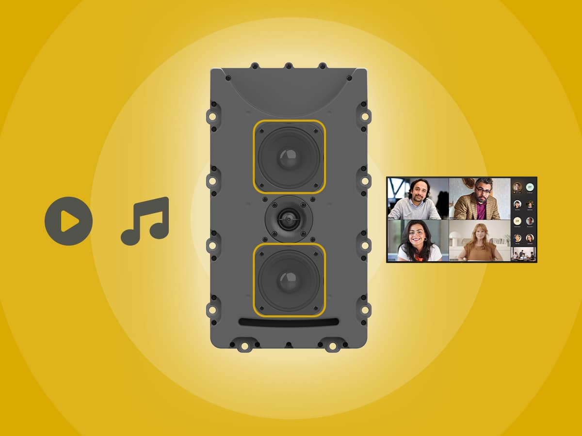 Nureva HDX audio bar with its grille removed to show speaker drivers and tweeter, alongside music, video and conferencing graphics.