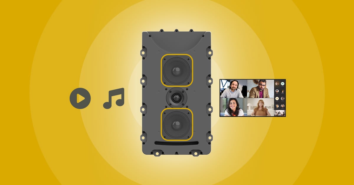 Nureva HDx series bar with front cover removed, highlighting its speaker drivers, beside media playback icons and a video meeting display