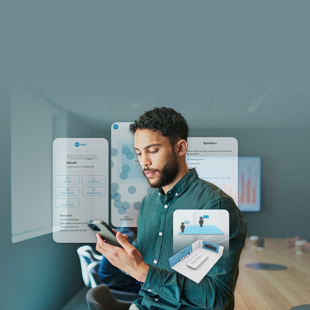 Person using the Nureva App to manage meeting‑room audio settings, device controls and acoustic performance, with app interface screens displayed in a modern conference room environment.