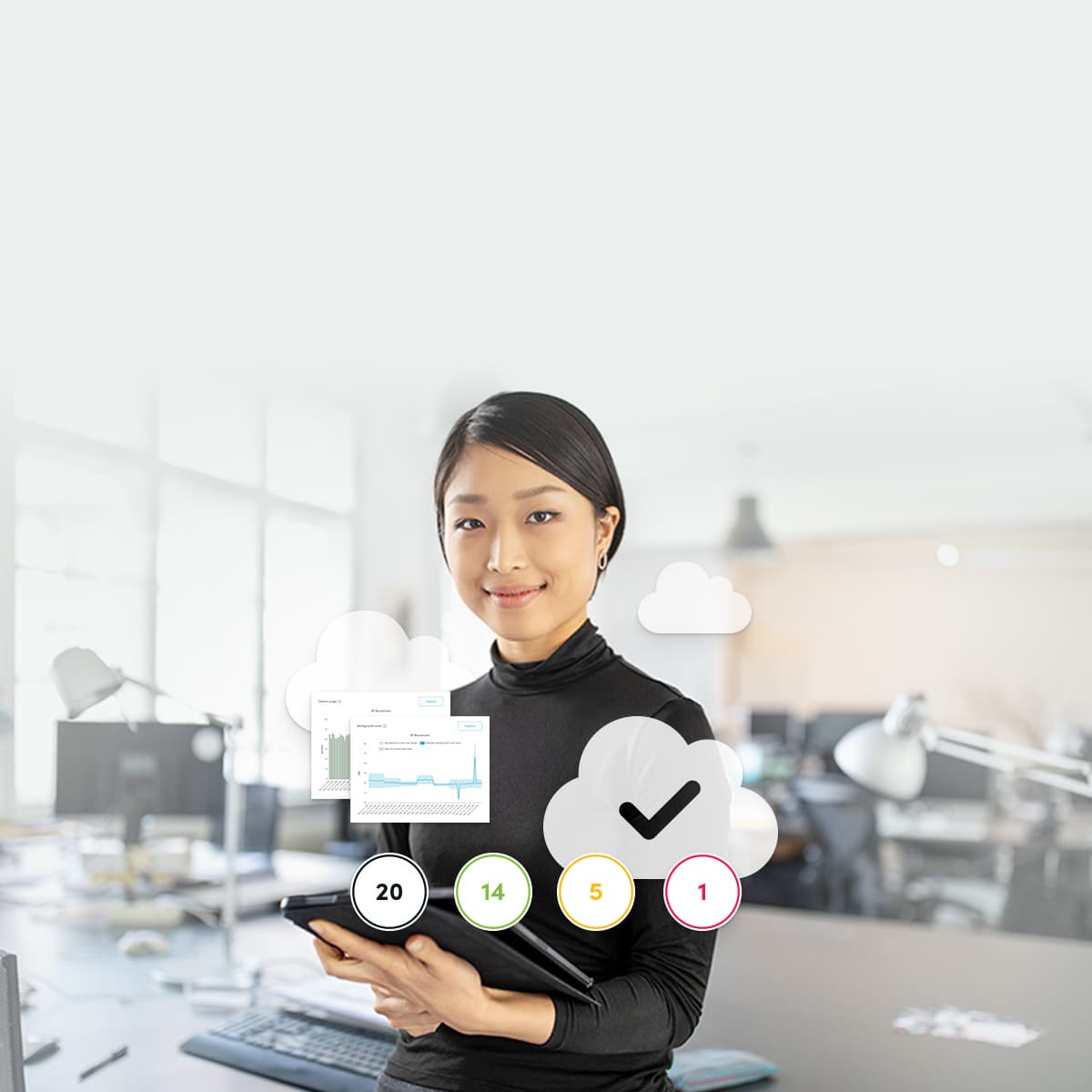 User accessing Nureva Console to monitor and manage connected audio devices with cloud‑based dashboards, status indicators and system health metrics in a modern office environment.
