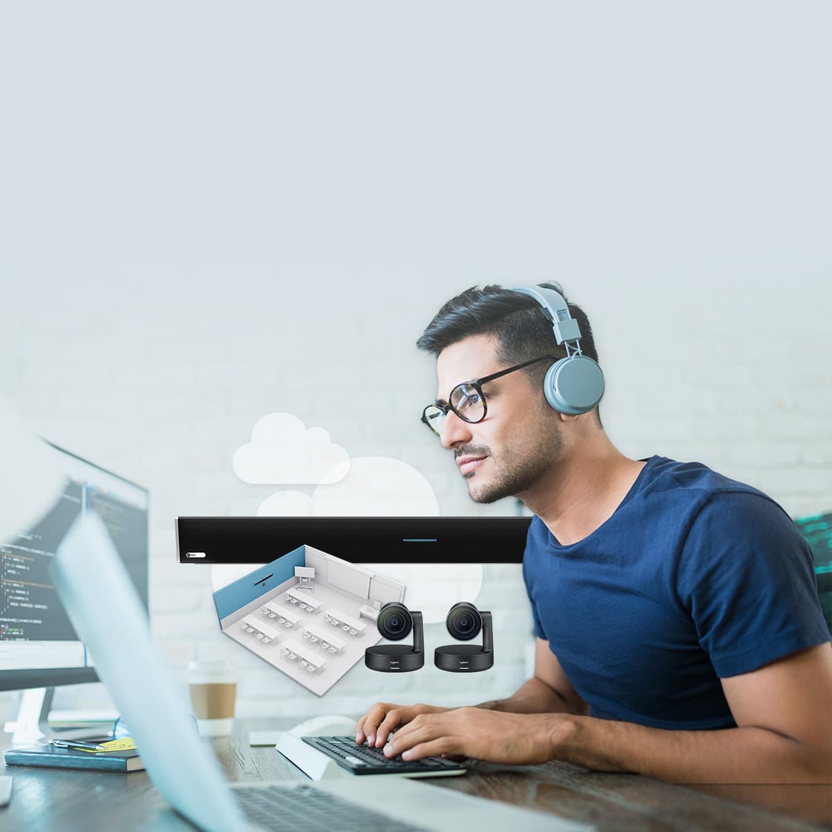 Developer working with the Nureva Developer Toolkit, integrating audio device APIs and cloud services with software tools, shown alongside Nureva audio devices and visual elements representing connectivity and control.