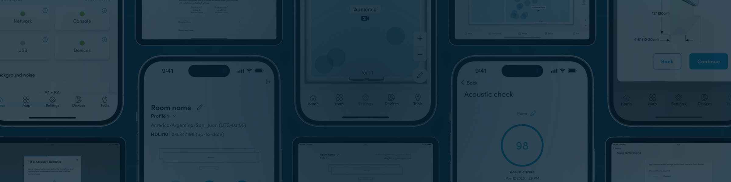 Collage of mobile interface screens for Nureva software and services showing device settings, room configuration, acoustic checks and management tools in a clean, modern UI layout.