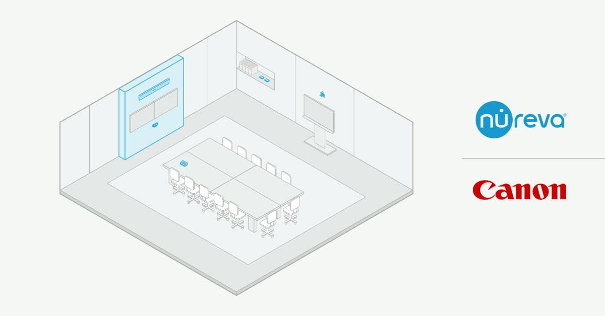 Isometric diagram of a large conference room with a Nureva HDL310 audio conferencing system mounted above the wall display and a Canon camera capturing the table.