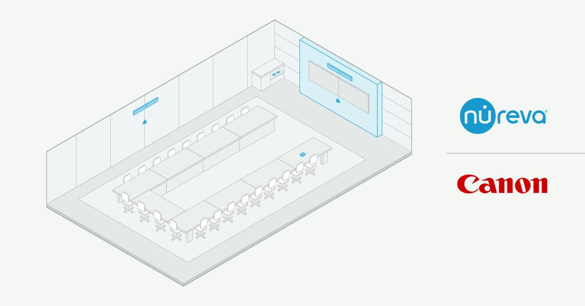 Isometric diagram of an extra-large conference room with two Nureva HDL410 audio conferencing system — one above the front display, one on the side wall — and a Canon camera.