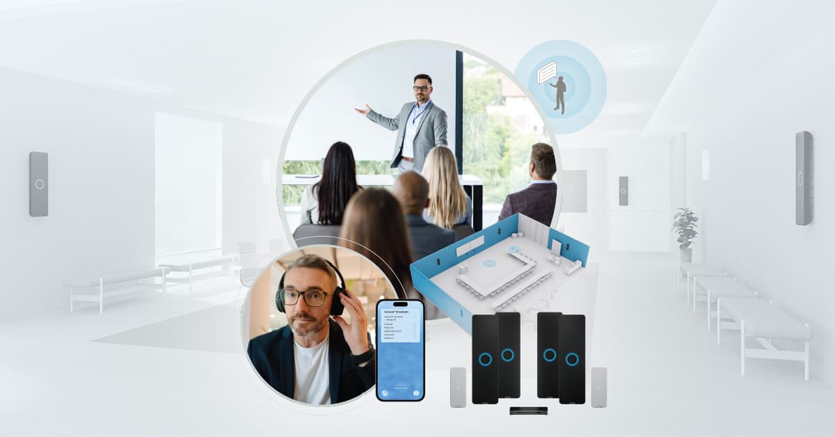 Presenter speaking to colleagues in a corporate meeting space, with a listener using headphones and a smartphone, a room layout diagram and Nureva HDX system components.