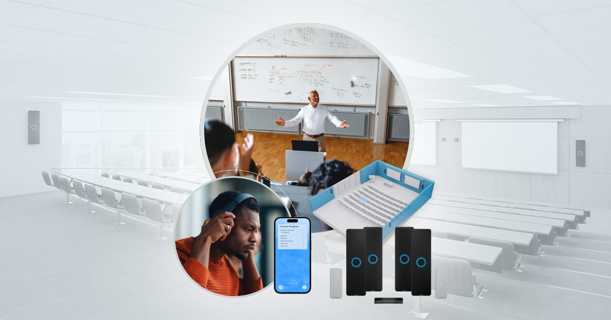 Instructor lecturing in a university lecture hall, with a student listening through headphones and a smartphone, a room layout diagram and Nureva HDX system components.